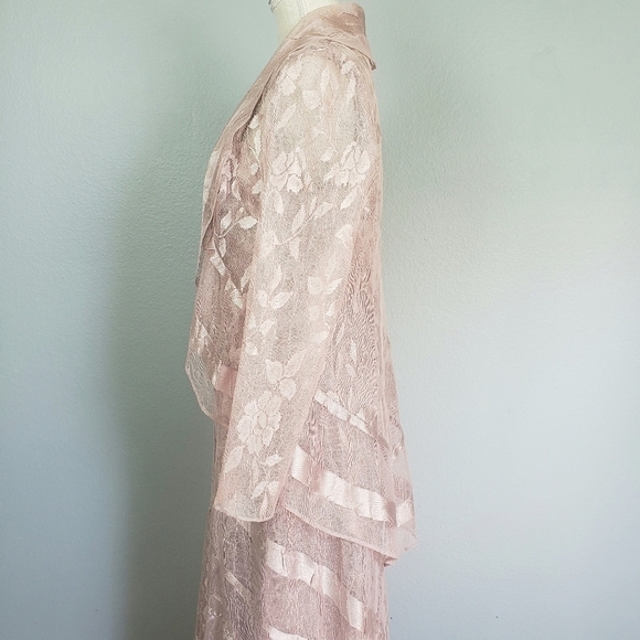 DAMIANOU Vtg 2 Piece Formal Maxi Dress Jacket Set Sheer Lace Floral Pink Sz S - Picture 3 of 14